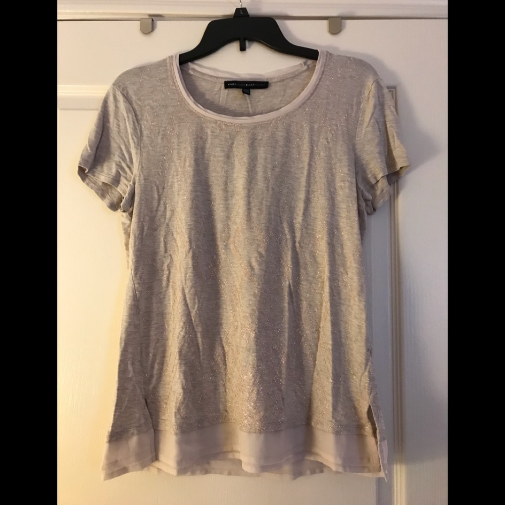 White House Black Market Fancy Tee. Beige w/gold shimmer design. Medium.